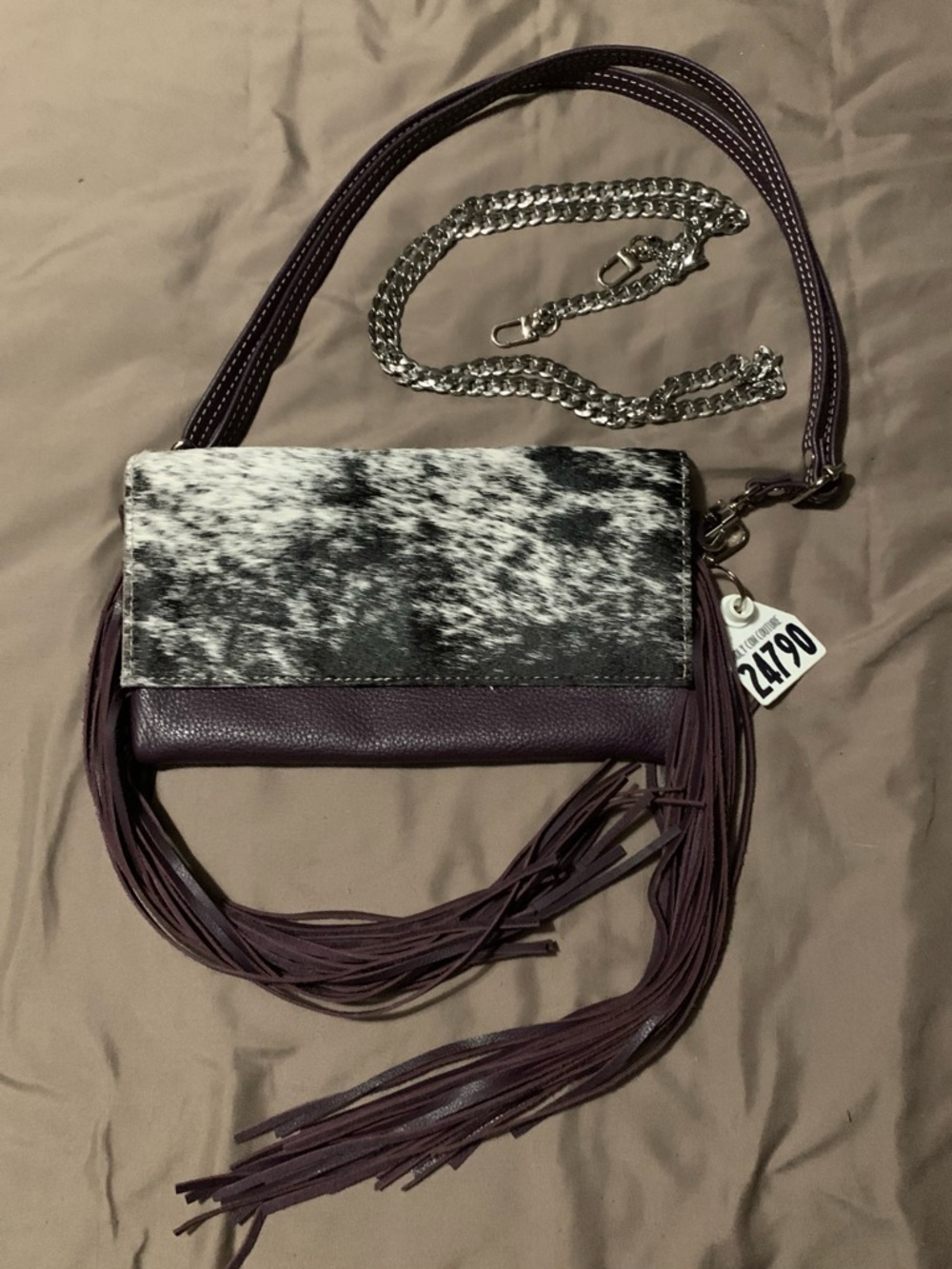HCC Mini Sassy Classy, Fringed Purple Shoulder Bag with Cowhide Flap